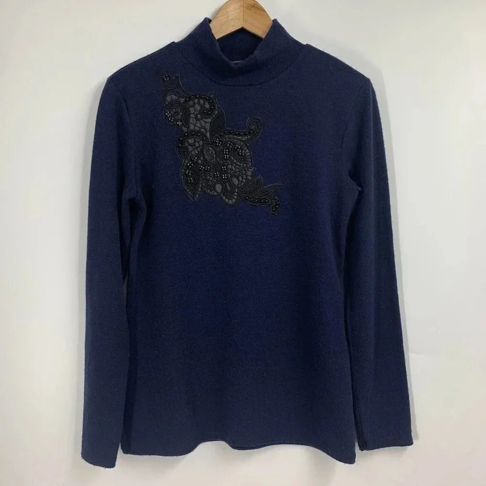 Zara Women's Embellished and Embroidered Long Sleeve‎ Mock Neck Sweater Size M